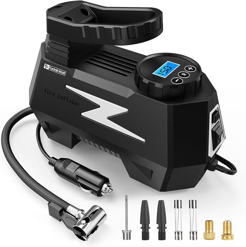 FADAKWALT Tire Inflator Portable Air Compressor, DC 12V Tire Air Pump with LED and 150PSI Digital Pressure Gauge, Portable Tire Inflator for Car Tires, Motorcycles, Bike, Ball (Silver) - Image 1